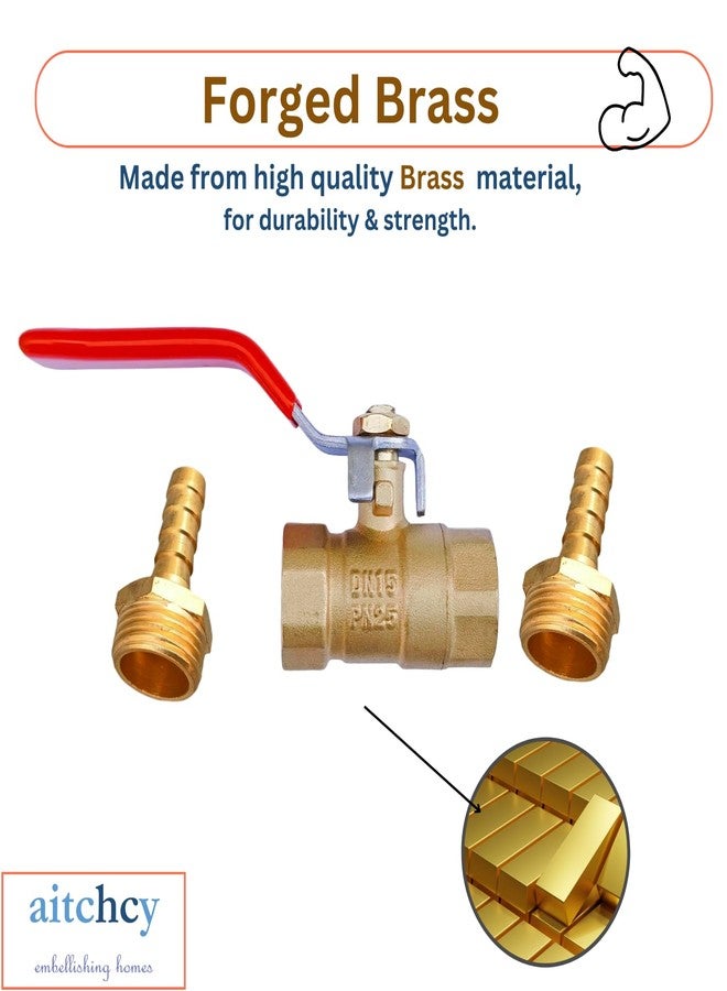 aitchcy Full Brass Shut Off Valve with 12mm Hose Nipple & Clamps | 1/2" Ball Valve for Biogas, Industrial, Plumbing, Irrigation, DIY Projects, Compressor | Forged Brass On Off Valve1/2" - Image 2